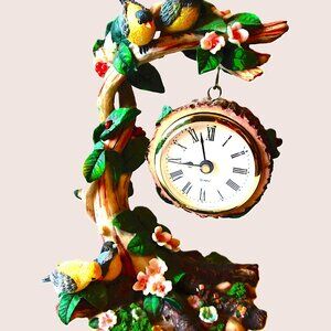 Ceramic Yellow & blue birds flowering tree with hanging branch clock replacable